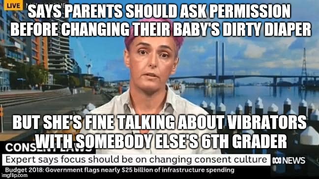 SAYS PARENTS SHOULD ASK PERMISSION BEFORE CHANGING THEIR BABY'S DIRTY DIAPER; BUT SHE'S FINE TALKING ABOUT VIBRATORS WITH SOMEBODY ELSE'S 6TH GRADER | image tagged in deanne's dirty diaper dictates,loony left,deanne carson | made w/ Imgflip meme maker
