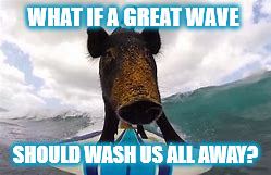 WHAT IF A GREAT WAVE SHOULD WASH US ALL AWAY? | WHAT IF A GREAT WAVE; SHOULD WASH US ALL AWAY? | image tagged in dmb,dave matthews band,pig,surfing,wave,ocean | made w/ Imgflip meme maker