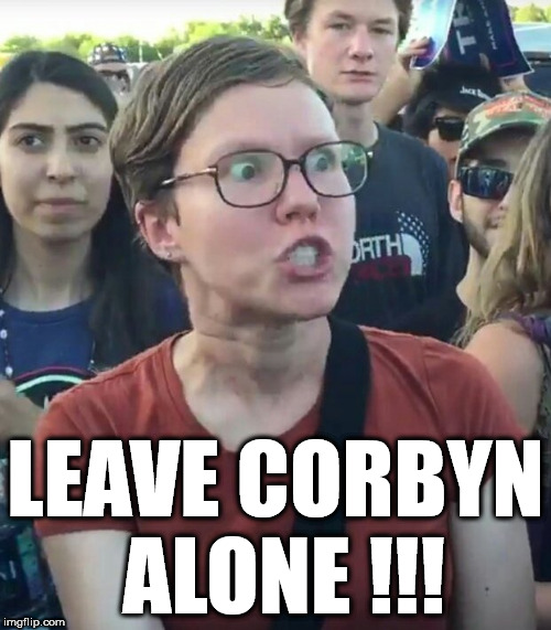 Leave Corbyn alone | LEAVE CORBYN ALONE !!! | image tagged in triggered girl,corbyn eww,party of hate,angry snowflake,vote corbyn,mcdonnell abbott | made w/ Imgflip meme maker