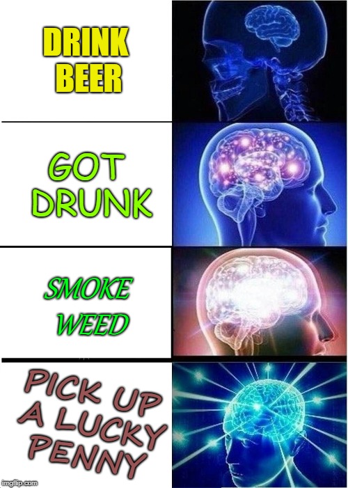 Expanding Brain | DRINK BEER; GOT DRUNK; SMOKE WEED; PICK UP A LUCKY PENNY | image tagged in memes,expanding brain | made w/ Imgflip meme maker