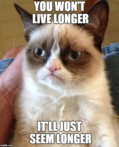 Grumpy Cat Meme | YOU WON'T LIVE LONGER IT'LL JUST SEEM LONGER | image tagged in memes,grumpy cat | made w/ Imgflip meme maker