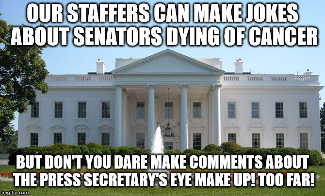 White House | OUR STAFFERS CAN MAKE JOKES ABOUT SENATORS DYING OF CANCER; BUT DON'T YOU DARE MAKE COMMENTS ABOUT THE PRESS SECRETARY'S EYE MAKE UP! TOO FAR! | image tagged in white house | made w/ Imgflip meme maker