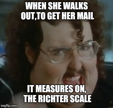 WHEN SHE WALKS OUT,TO GET HER MAIL IT MEASURES ON, THE RICHTER SCALE | made w/ Imgflip meme maker