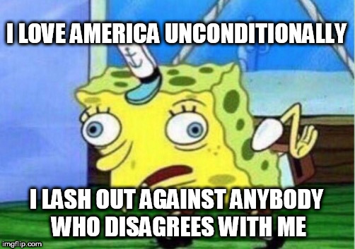 Mocking Spongebob | I LOVE AMERICA UNCONDITIONALLY; I LASH OUT AGAINST ANYBODY WHO DISAGREES WITH ME | image tagged in memes,mocking spongebob,america,bigotry,nazism,idiocy | made w/ Imgflip meme maker