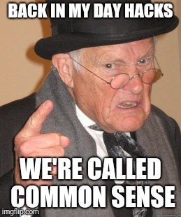 Enough with the "hack". You're not part of Anonymous. | BACK IN MY DAY HACKS; WE'RE CALLED COMMON SENSE | image tagged in memes,back in my day | made w/ Imgflip meme maker