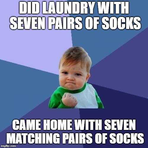 It does happen every once in a while! | DID LAUNDRY WITH SEVEN PAIRS OF SOCKS; CAME HOME WITH SEVEN MATCHING PAIRS OF SOCKS | image tagged in memes,success kid | made w/ Imgflip meme maker