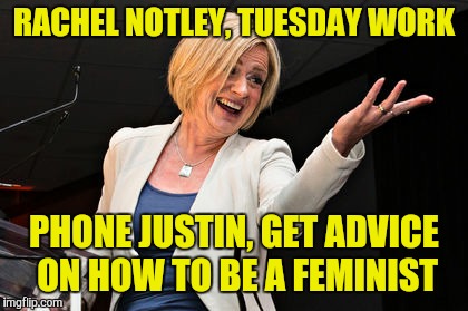 Rachel Notley | RACHEL NOTLEY, TUESDAY WORK; PHONE JUSTIN, GET ADVICE ON HOW TO BE A FEMINIST | image tagged in rachel notley | made w/ Imgflip meme maker