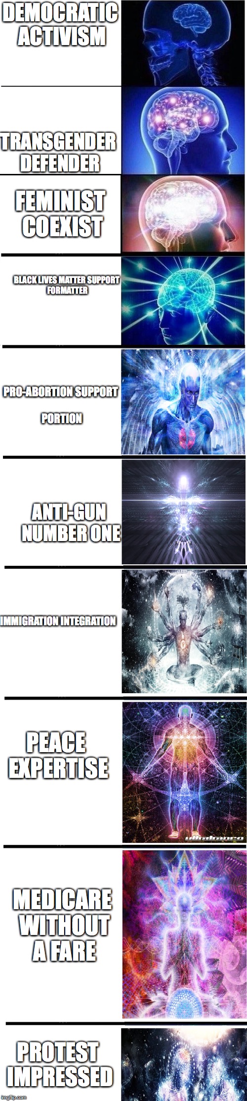 Expanding brain meme | DEMOCRATIC ACTIVISM; TRANSGENDER DEFENDER; FEMINIST COEXIST; BLACK LIVES MATTER
SUPPORT FORMATTER; PRO-ABORTION
SUPPORT PORTION; ANTI-GUN NUMBER ONE; IMMIGRATION
INTEGRATION; PEACE EXPERTISE; MEDICARE WITHOUT A FARE; PROTEST IMPRESSED | image tagged in expanding brain meme | made w/ Imgflip meme maker