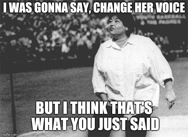 Roseanne Barr national anthem | I WAS GONNA SAY, CHANGE HER VOICE BUT I THINK THAT'S WHAT YOU JUST SAID | image tagged in roseanne barr national anthem | made w/ Imgflip meme maker