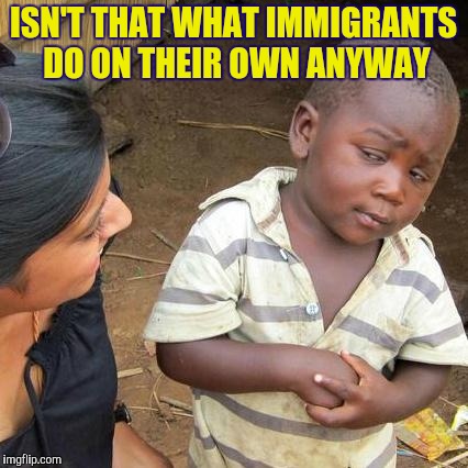 Third World Skeptical Kid Meme | ISN'T THAT WHAT IMMIGRANTS DO ON THEIR OWN ANYWAY | image tagged in memes,third world skeptical kid | made w/ Imgflip meme maker