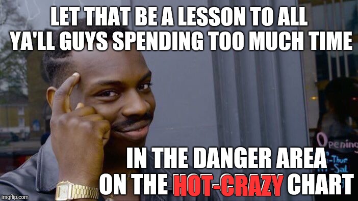 Roll Safe Think About It Meme | LET THAT BE A LESSON TO ALL YA'LL GUYS SPENDING TOO MUCH TIME IN THE DANGER AREA ON THE HOT-CRAZY CHART HOT-CRAZY | image tagged in memes,roll safe think about it | made w/ Imgflip meme maker