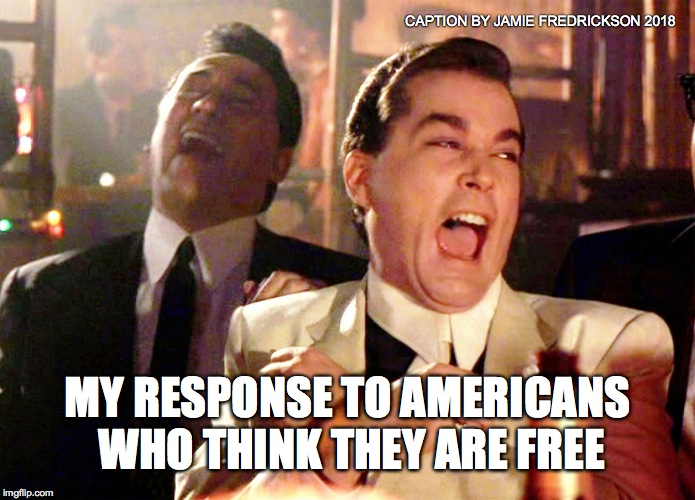 Good Fellas Hilarious Meme | CAPTION BY JAMIE FREDRICKSON 2018; MY RESPONSE TO AMERICANS WHO THINK THEY ARE FREE | image tagged in memes,good fellas hilarious | made w/ Imgflip meme maker