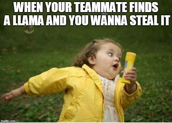 Chubby Bubbles Girl Meme | WHEN YOUR TEAMMATE FINDS A LLAMA AND YOU WANNA STEAL IT | image tagged in memes,chubby bubbles girl | made w/ Imgflip meme maker