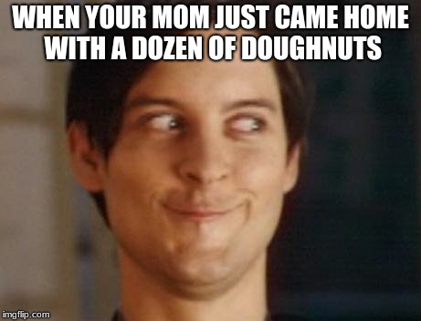 Spiderman Peter Parker Meme | WHEN YOUR MOM JUST CAME HOME WITH A DOZEN OF DOUGHNUTS | image tagged in memes,spiderman peter parker | made w/ Imgflip meme maker