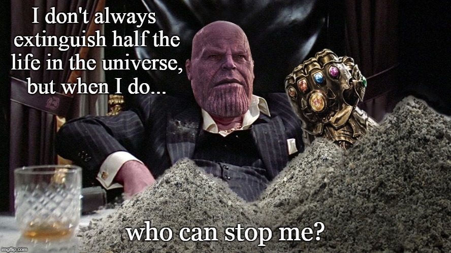 Who can stop me? | I don't always extinguish half the life in the universe, but when I do... who can stop me? | image tagged in thanos,avengers infinity war,marvel,the most interesting man in the world,funny | made w/ Imgflip meme maker