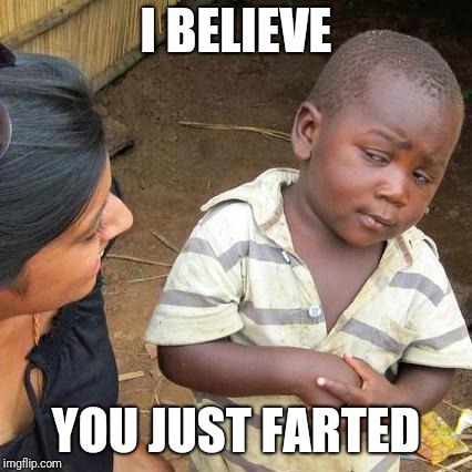 Third World Skeptical Kid Meme | I BELIEVE; YOU JUST FARTED | image tagged in memes,third world skeptical kid | made w/ Imgflip meme maker