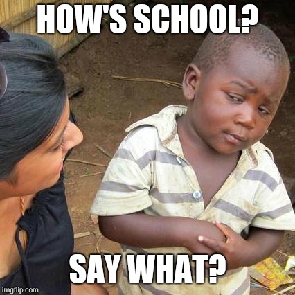 Third World Skeptical Kid | HOW'S SCHOOL? SAY WHAT? | image tagged in memes,third world skeptical kid | made w/ Imgflip meme maker