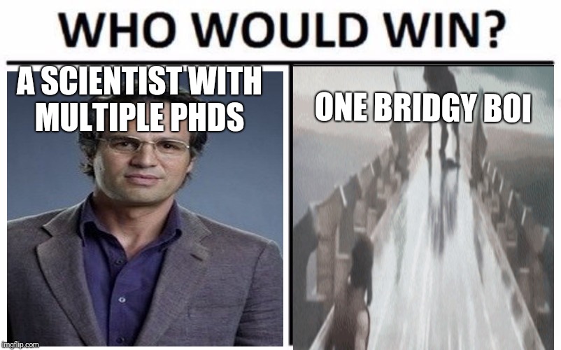 Who Would Win? | A SCIENTIST WITH MULTIPLE PHDS; ONE BRIDGY BOI | image tagged in memes,who would win | made w/ Imgflip meme maker