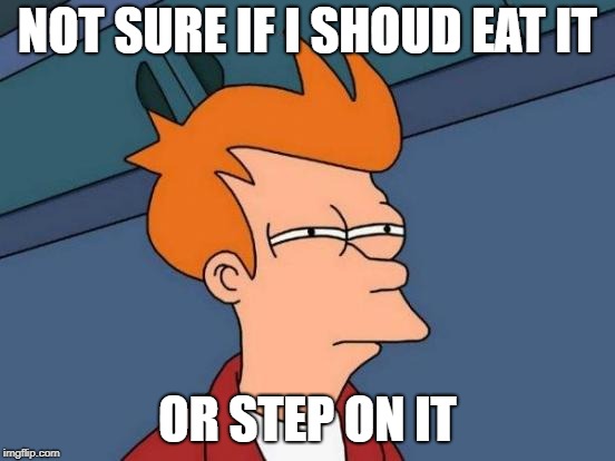 Futurama Fry Meme | NOT SURE IF I SHOUD EAT IT OR STEP ON IT | image tagged in memes,futurama fry | made w/ Imgflip meme maker