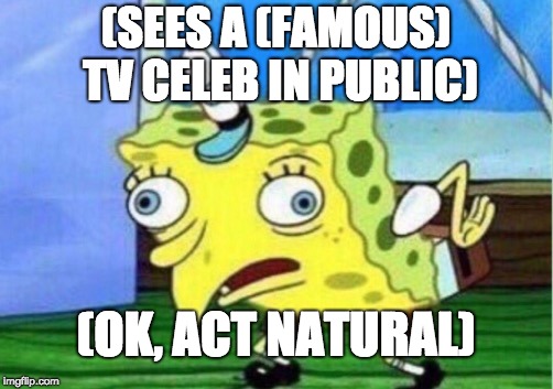 Seeing a (Famous) TV Celeb Like . . . | (SEES A (FAMOUS) TV CELEB IN PUBLIC); (OK, ACT NATURAL) | image tagged in memes,mocking spongebob,celebrity,public | made w/ Imgflip meme maker