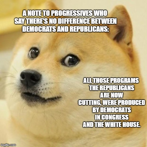 Doge Meme | A NOTE TO PROGRESSIVES WHO SAY THERE'S NO DIFFERENCE BETWEEN DEMOCRATS AND REPUBLICANS:; ALL THOSE PROGRAMS THE REPUBLICANS ARE NOW CUTTING, WERE PRODUCED BY DEMOCRATS IN CONGRESS AND THE WHITE HOUSE. | image tagged in memes,doge | made w/ Imgflip meme maker