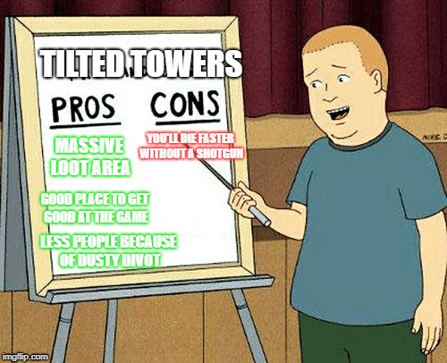 Tilted Towers Pros and Cons | TILTED TOWERS; MASSIVE LOOT AREA; YOU'LL DIE FASTER WITHOUT A SHOTGUN; GOOD PLACE TO GET GOOD AT THE GAME; LESS PEOPLE BECAUSE OF DUSTY DIVOT | image tagged in fortnite meme,tilted towers,funny | made w/ Imgflip meme maker