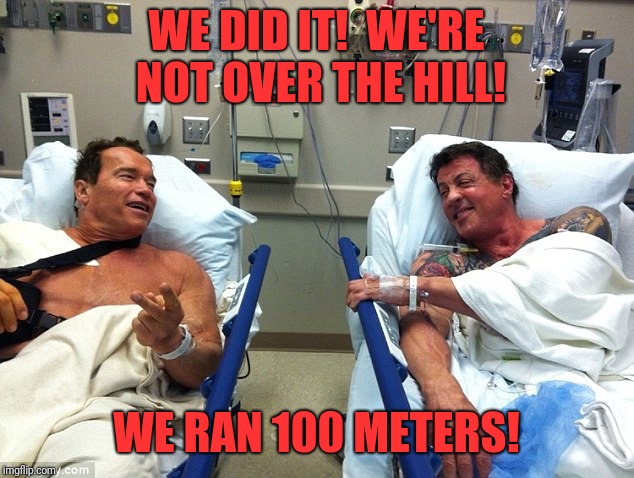 Couple old guys  | WE DID IT!  WE'RE NOT OVER THE HILL! WE RAN 100 METERS! | image tagged in memes,two wild and crazy guys,funny,dank,old farts | made w/ Imgflip meme maker