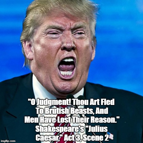 "Shakespeare Weighs In On Donald Trump" | "O Judgment! Thou Art Fled To Brutish Beasts, And Men Have Lost Their Reason." Shakespeare's "Julius Caesar," Act 3, Scene 2 | image tagged in shakespeare,deplorable donald,despicable donald,detestable donald,devious donald,dishonorable donald | made w/ Imgflip meme maker