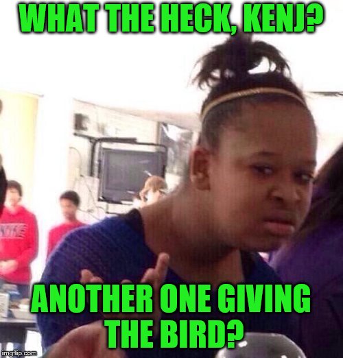 Black Girl Wat Meme | WHAT THE HECK, KENJ? ANOTHER ONE GIVING THE BIRD? | image tagged in memes,black girl wat | made w/ Imgflip meme maker