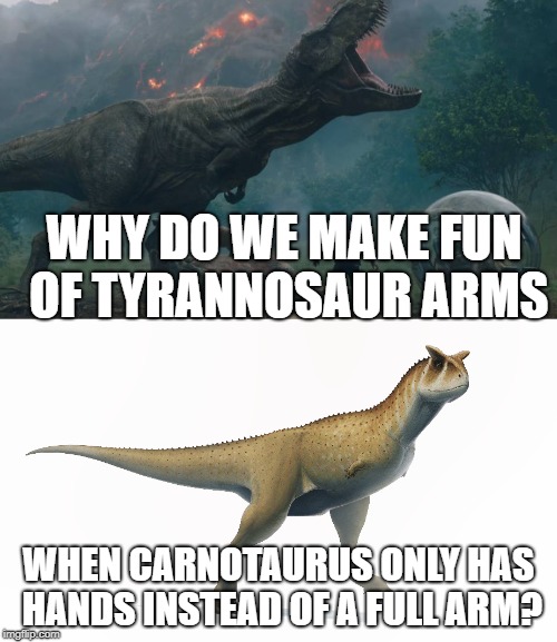 T.rex arms: 3'
C.sastrei arms: less than 1'
yep. EVERYONE MAKE FUN OF CARNO ARMS NOW! | WHY DO WE MAKE FUN OF TYRANNOSAUR ARMS; WHEN CARNOTAURUS ONLY HAS HANDS INSTEAD OF A FULL ARM? | image tagged in memes | made w/ Imgflip meme maker