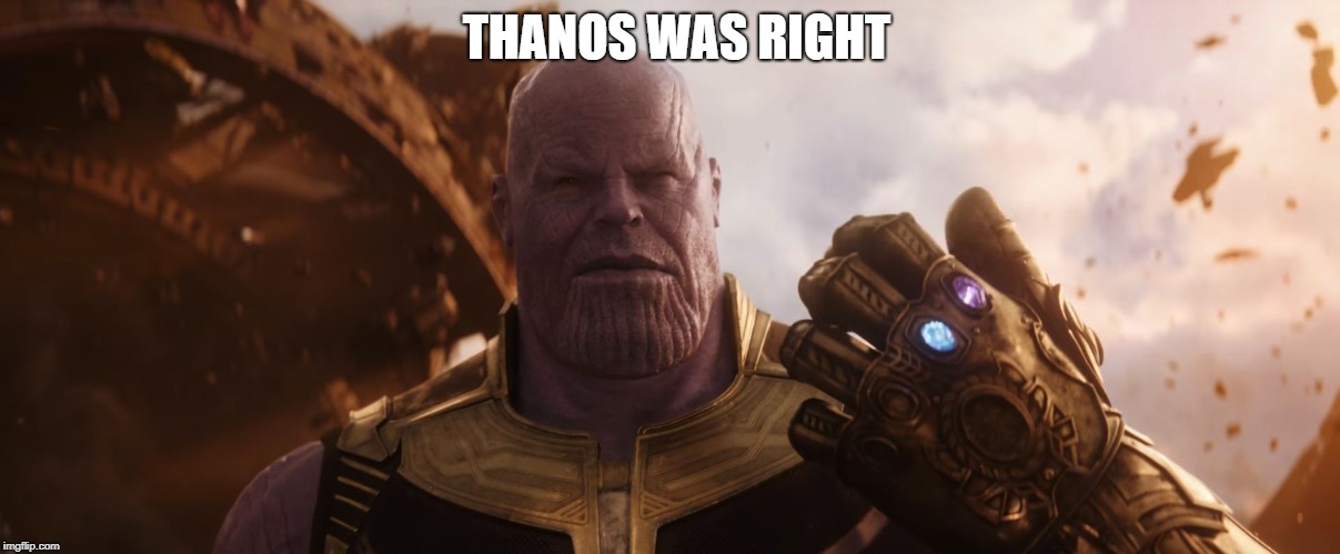 Thanos Was Right | THANOS WAS RIGHT | image tagged in avengers,infinity war,avengersmemes,funny,politics,libertarian | made w/ Imgflip meme maker