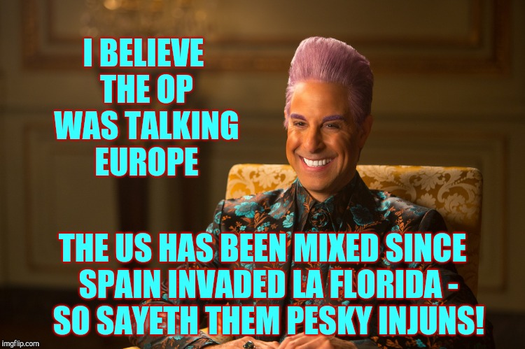 Hunger Games/Caesar Flickerman (Stanley Tucci) "heh heh heh" | I BELIEVE THE OP WAS TALKING EUROPE THE US HAS BEEN MIXED SINCE  SPAIN INVADED LA FLORIDA -   SO SAYETH THEM PESKY INJUNS! | image tagged in hunger games/caesar flickerman stanley tucci heh heh heh | made w/ Imgflip meme maker