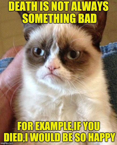Grumpy Cat | DEATH IS NOT ALWAYS SOMETHING BAD; FOR EXAMPLE,IF YOU DIED,I WOULD BE SO HAPPY | image tagged in memes,grumpy cat,death,happy,powermetalhead,funny | made w/ Imgflip meme maker