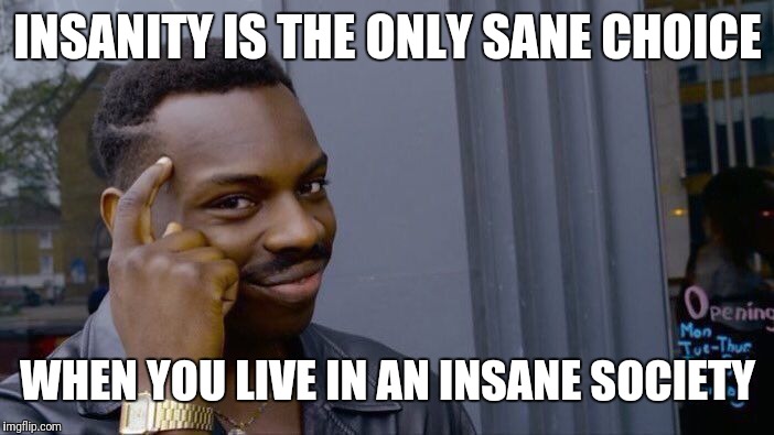 Roll Safe Think About It Meme | INSANITY IS THE ONLY SANE CHOICE; WHEN YOU LIVE IN AN INSANE SOCIETY | image tagged in memes,roll safe think about it | made w/ Imgflip meme maker