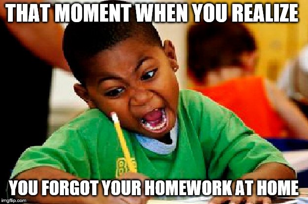 homework | THAT MOMENT WHEN YOU REALIZE; YOU FORGOT YOUR HOMEWORK AT HOME | image tagged in homework | made w/ Imgflip meme maker