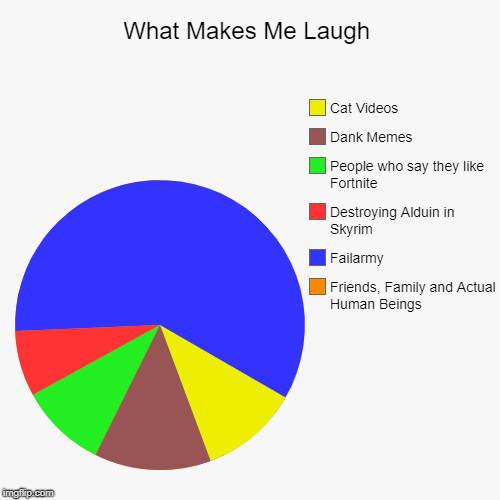 What Makes Me Laugh | Friends, Family and Actual Human Beings, Failarmy, Destroying Alduin in Skyrim, People who say they like Fortnite, Dan | image tagged in funny,pie charts | made w/ Imgflip chart maker