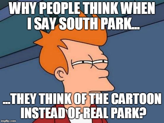 Futurama Fry | WHY PEOPLE THINK WHEN I SAY SOUTH PARK... ...THEY THINK OF THE CARTOON INSTEAD OF REAL PARK? | image tagged in memes,futurama fry | made w/ Imgflip meme maker