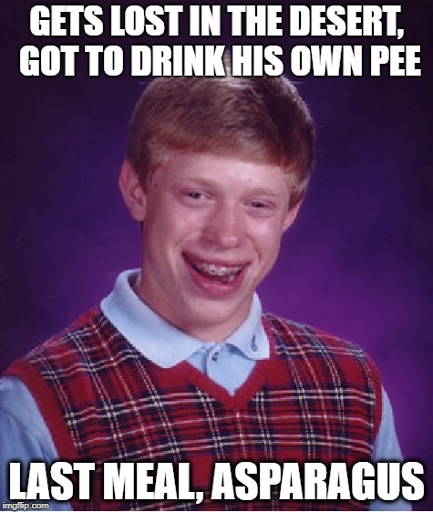 Update the GPS next time | GETS LOST IN THE DESERT, GOT TO DRINK HIS OWN PEE; LAST MEAL, ASPARAGUS | image tagged in memes,bad luck brian,surreal,pee,desert,survival | made w/ Imgflip meme maker