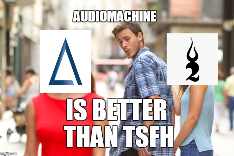 Distracted Boyfriend Meme | AUDIOMACHINE; IS BETTER THAN TSFH | image tagged in memes,distracted boyfriend | made w/ Imgflip meme maker