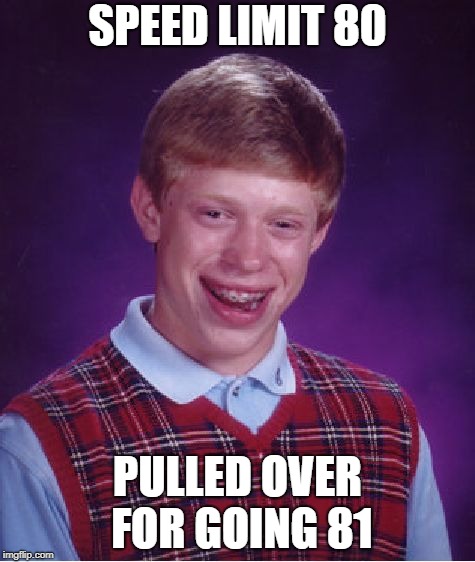 Bad Luck Brian | SPEED LIMIT 80; PULLED OVER FOR GOING 81 | image tagged in memes,bad luck brian | made w/ Imgflip meme maker