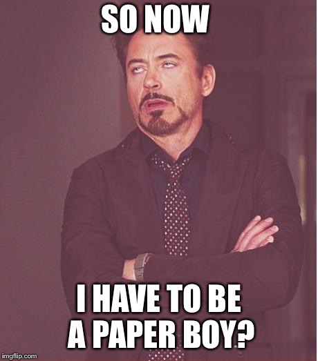 Face You Make Robert Downey Jr Meme | SO NOW; I HAVE TO BE A PAPER BOY? | image tagged in memes,face you make robert downey jr | made w/ Imgflip meme maker