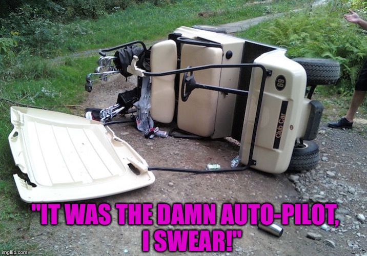 Golf cart | "IT WAS THE DAMN AUTO-PILOT, 
 I SWEAR!" | image tagged in golf cart | made w/ Imgflip meme maker