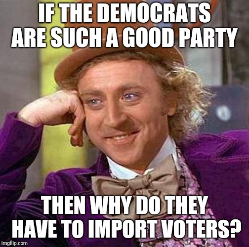 Creepy Condescending Wonka | IF THE DEMOCRATS ARE SUCH A GOOD PARTY; THEN WHY DO THEY HAVE TO IMPORT VOTERS? | image tagged in memes,creepy condescending wonka | made w/ Imgflip meme maker