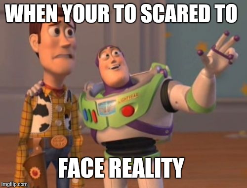 X, X Everywhere | WHEN YOUR TO SCARED TO; FACE REALITY | image tagged in memes,x x everywhere | made w/ Imgflip meme maker