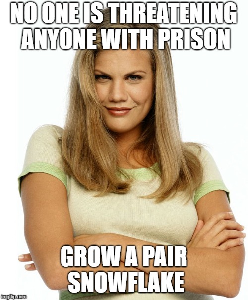 Kirsten | NO ONE IS THREATENING ANYONE WITH PRISON GROW A PAIR SNOWFLAKE | image tagged in kirsten | made w/ Imgflip meme maker
