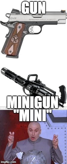 I know its called that because its a scaled down version of a gatling gun, but COME ON! | GUN; MINIGUN; "MINI" | image tagged in memes,dr evil laser | made w/ Imgflip meme maker
