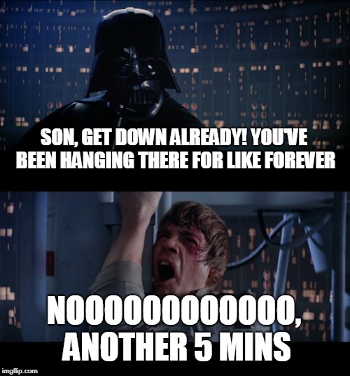 Mom is gonna get mad  at us! | SON, GET DOWN ALREADY! YOU'VE BEEN HANGING THERE FOR LIKE FOREVER; NOOOOOOOOOOOO, ANOTHER 5 MINS | image tagged in memes,star wars no | made w/ Imgflip meme maker
