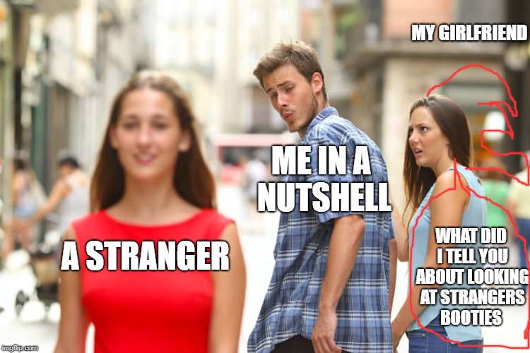 ME IN A NUTSHELL | MY GIRLFRIEND; ME IN A NUTSHELL; WHAT DID I TELL YOU ABOUT LOOKING AT STRANGERS BOOTIES; A STRANGER | image tagged in memes,distracted boyfriend | made w/ Imgflip meme maker