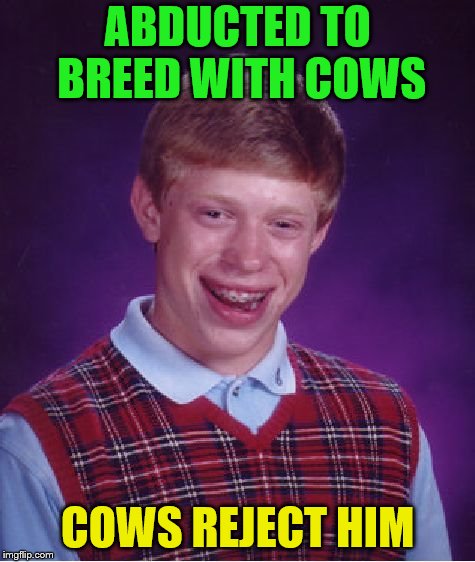 Bad Luck Brian Meme | ABDUCTED TO BREED WITH COWS COWS REJECT HIM | image tagged in memes,bad luck brian | made w/ Imgflip meme maker