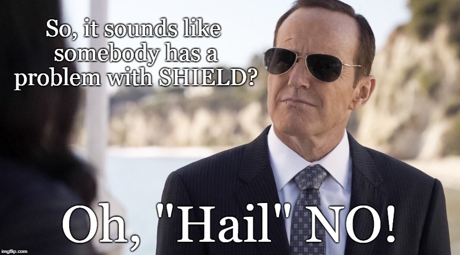 SHIELD Hail NO! | So, it sounds like somebody has a problem with SHIELD? Oh, "Hail" NO! | image tagged in marvel,shield,funny | made w/ Imgflip meme maker